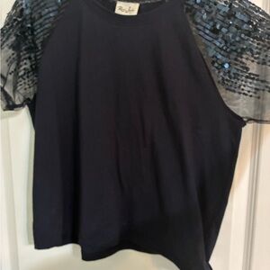 Rafaella Navy Top with Sequin Sleeves